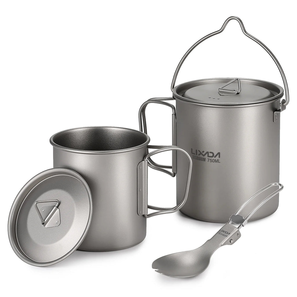 Titanium 3 Pieces Set 750ml Pot 450ml Cup with Lid Folding Spork S9763