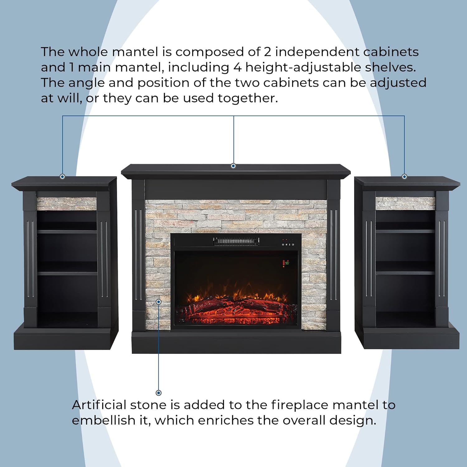 Electric Fireplace Mantel Freestanding Media Stand with 3 Cabinet Bookcase Shelf and Remote Control R91210