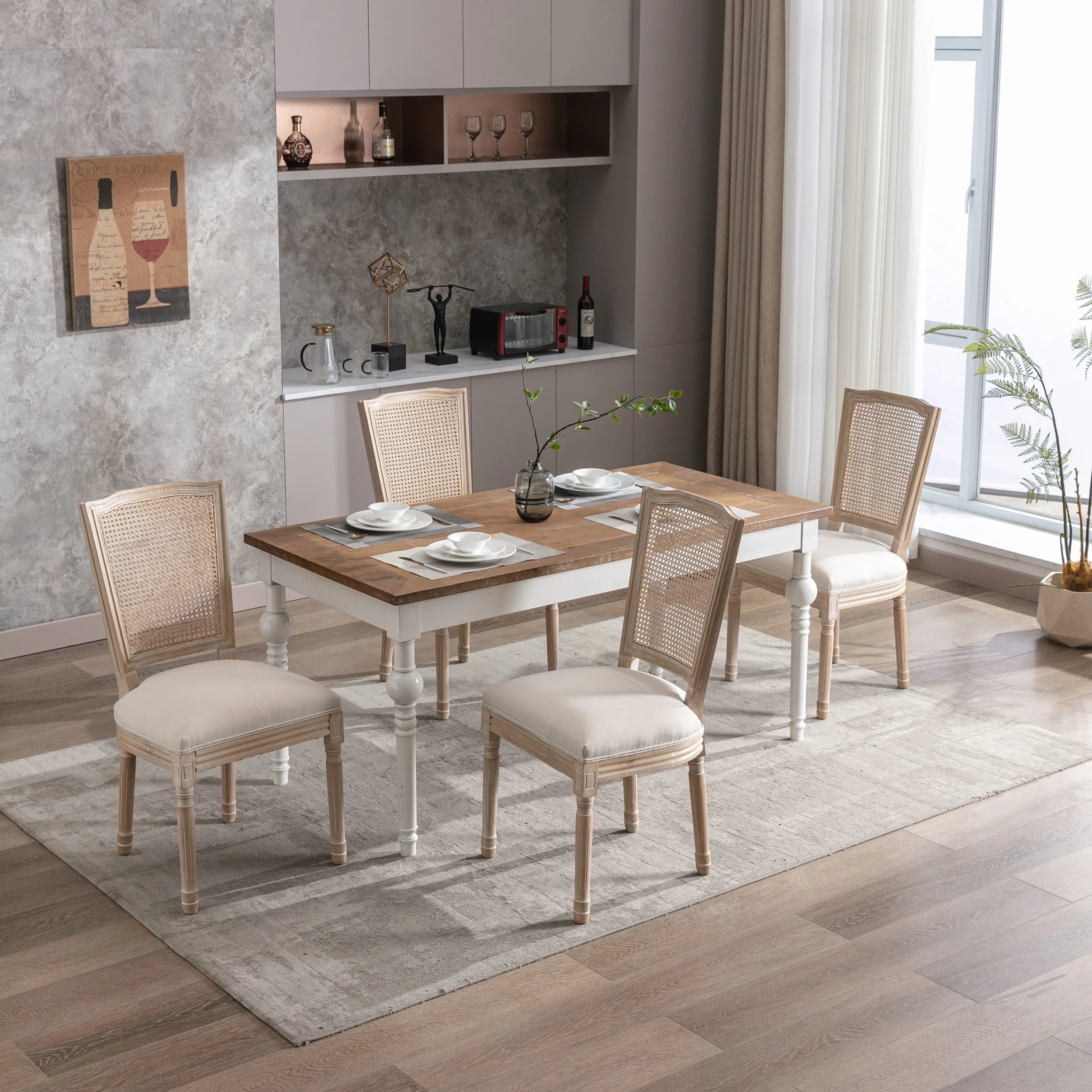 Cream Linen Fabric Rattan Back Dining Chair, Set of 2 K77266