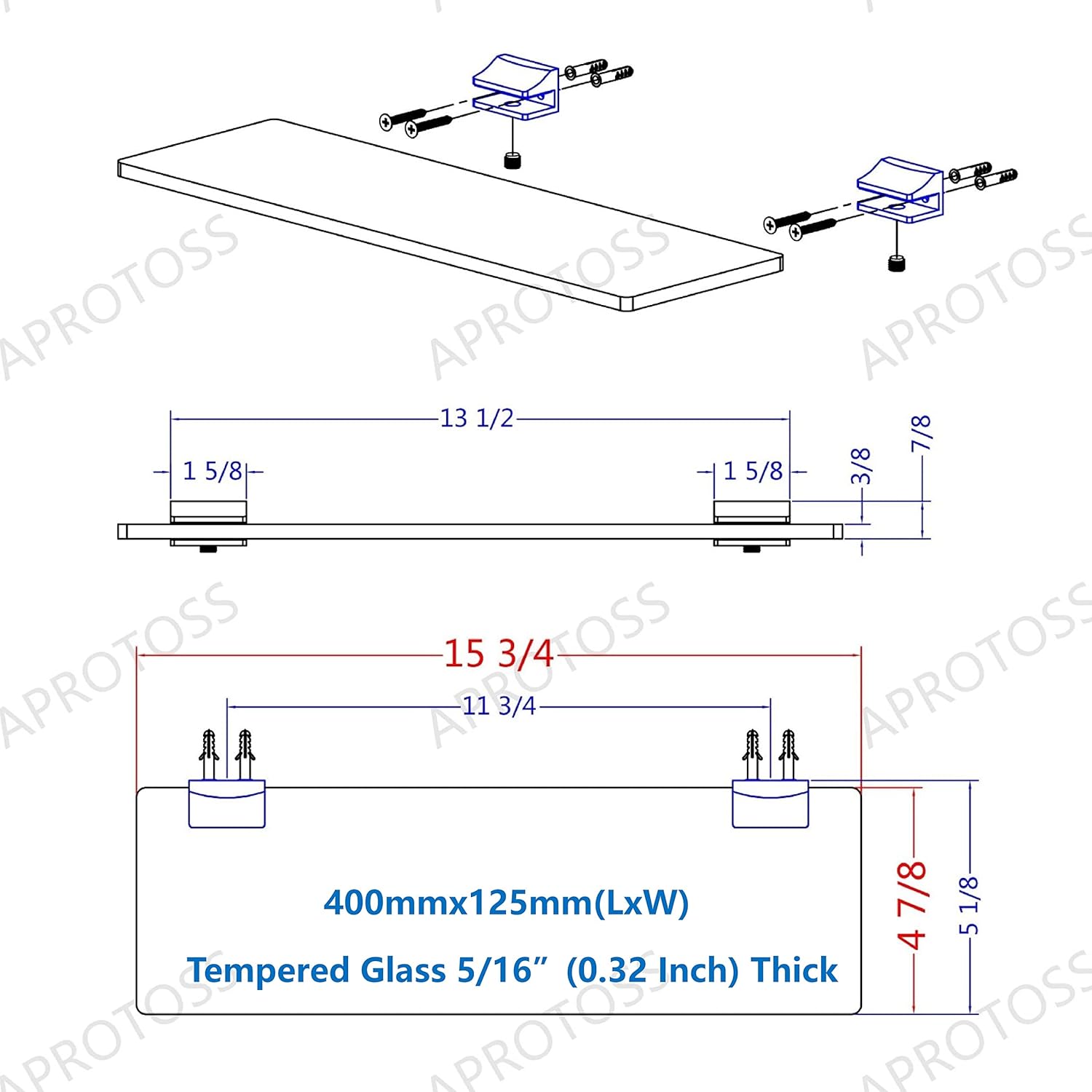 16 inches Glass Wall Shelf with Peacock Blue Brackets D823985