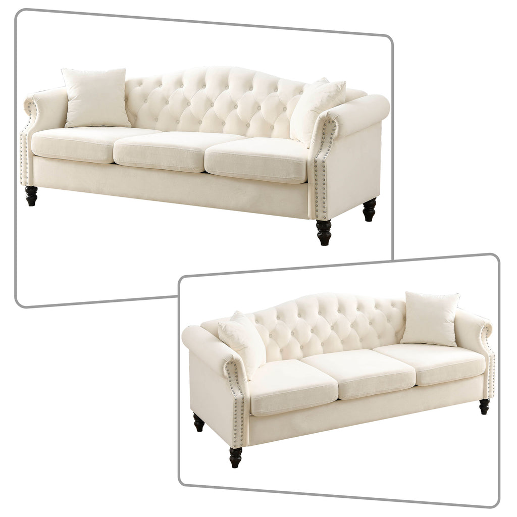Beige Velvet Three-seat Sofa with Two Pillows J364