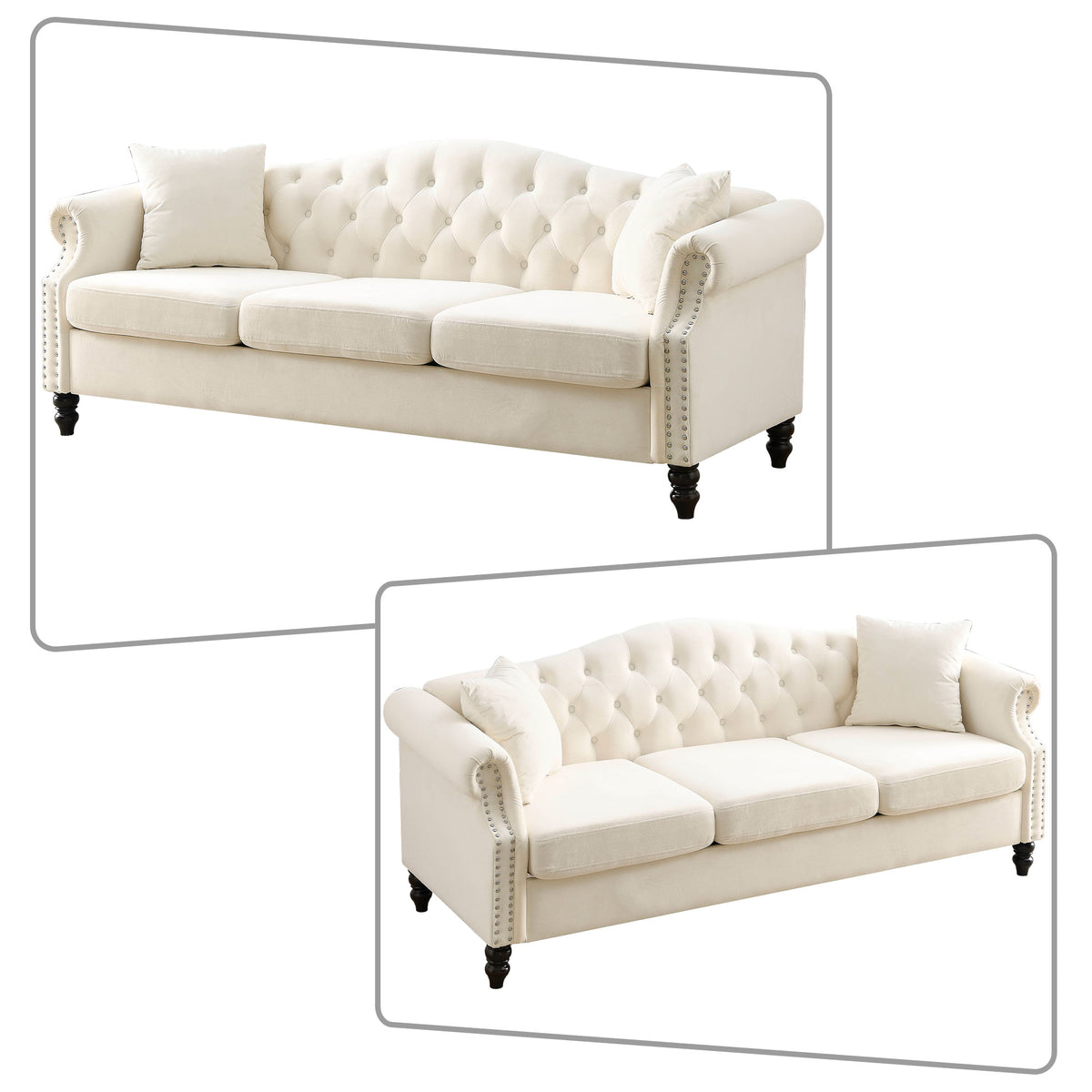 Beige Velvet Three-seat Sofa with Two Pillows J364