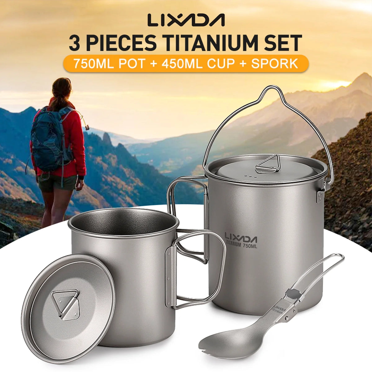 Titanium 3 Pieces Set 750ml Pot 450ml Cup with Lid Folding Spork S9763