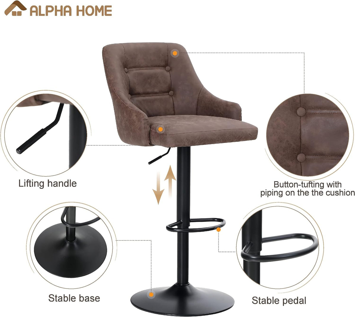 Brown PU Leather Adjustable Swivel Bar Stool with Padded Back R76040