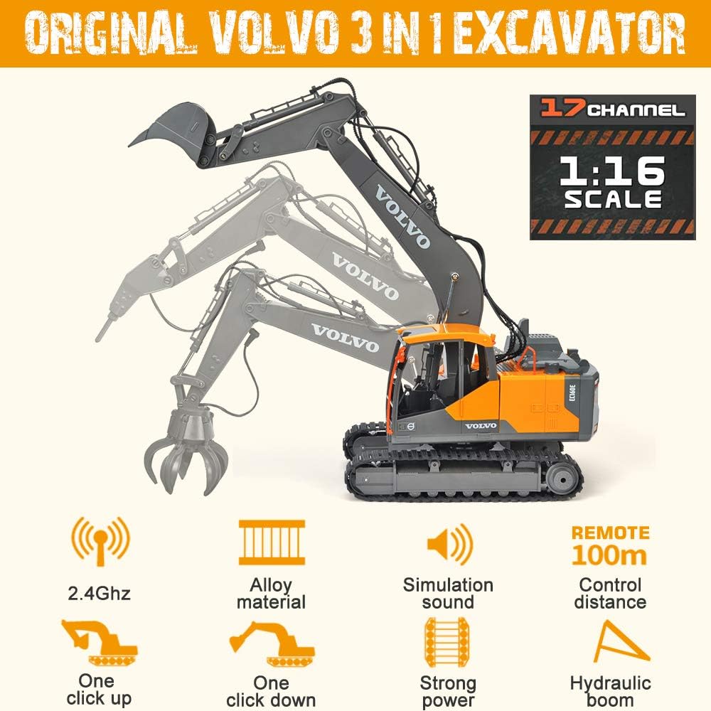 3 in 1 RC Excavator Construction Truck Metal Shovel and Drill 1/16 Scale Remote Control Excavator F730