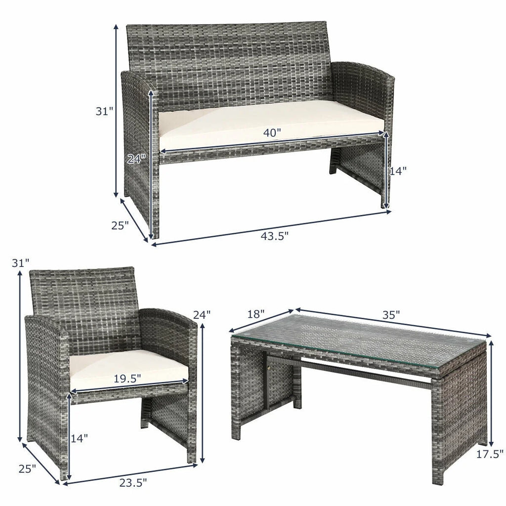 White Rattan Patio Furniture Set with Glass Table Top Cushioned Sofa E41089