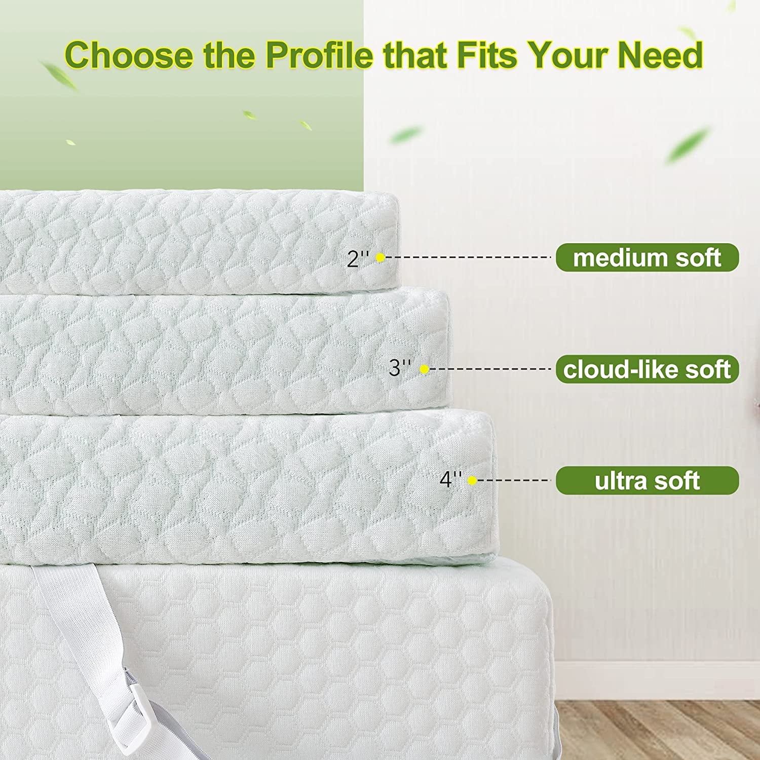 3 Inch Green Tea Memory Foam Mattress Topper with Zippered Bamboo Cover J377