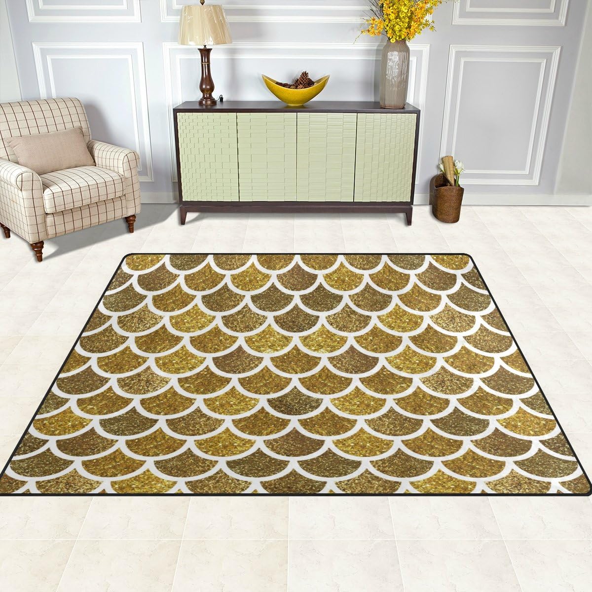 Mermaid Scales Glitter Print Lightweight Carpet Mats, 6'8" x 4'10" Area Soft Rugs Floor Mat Rug O156546