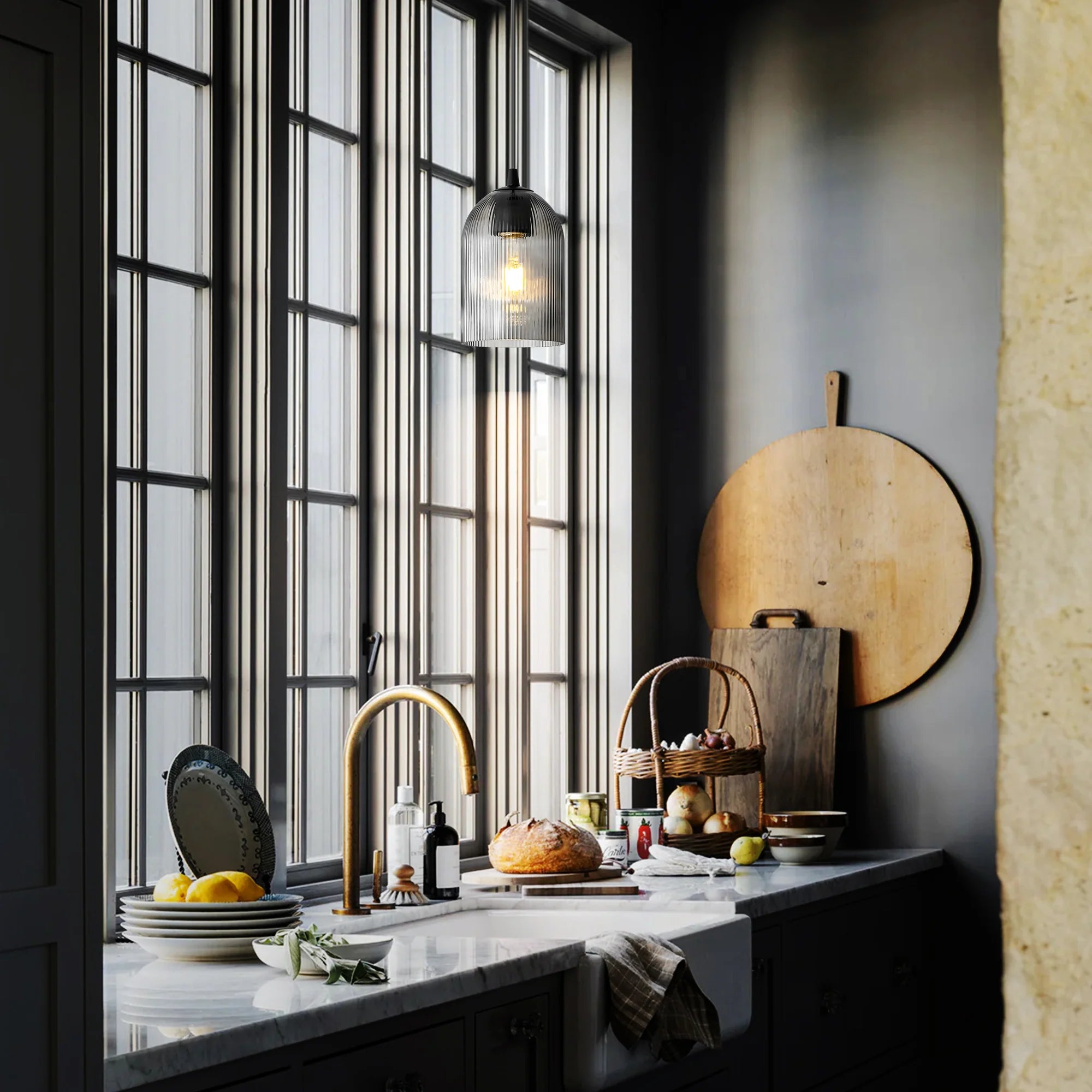 1-Light Dimmable Ribbed Glass Industrial Pendant J83929