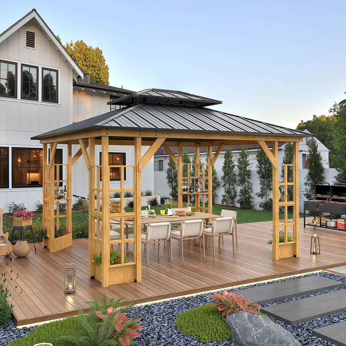 Wood Gazebo with Solid Wooden Frame and Double Roof Canopy T92991