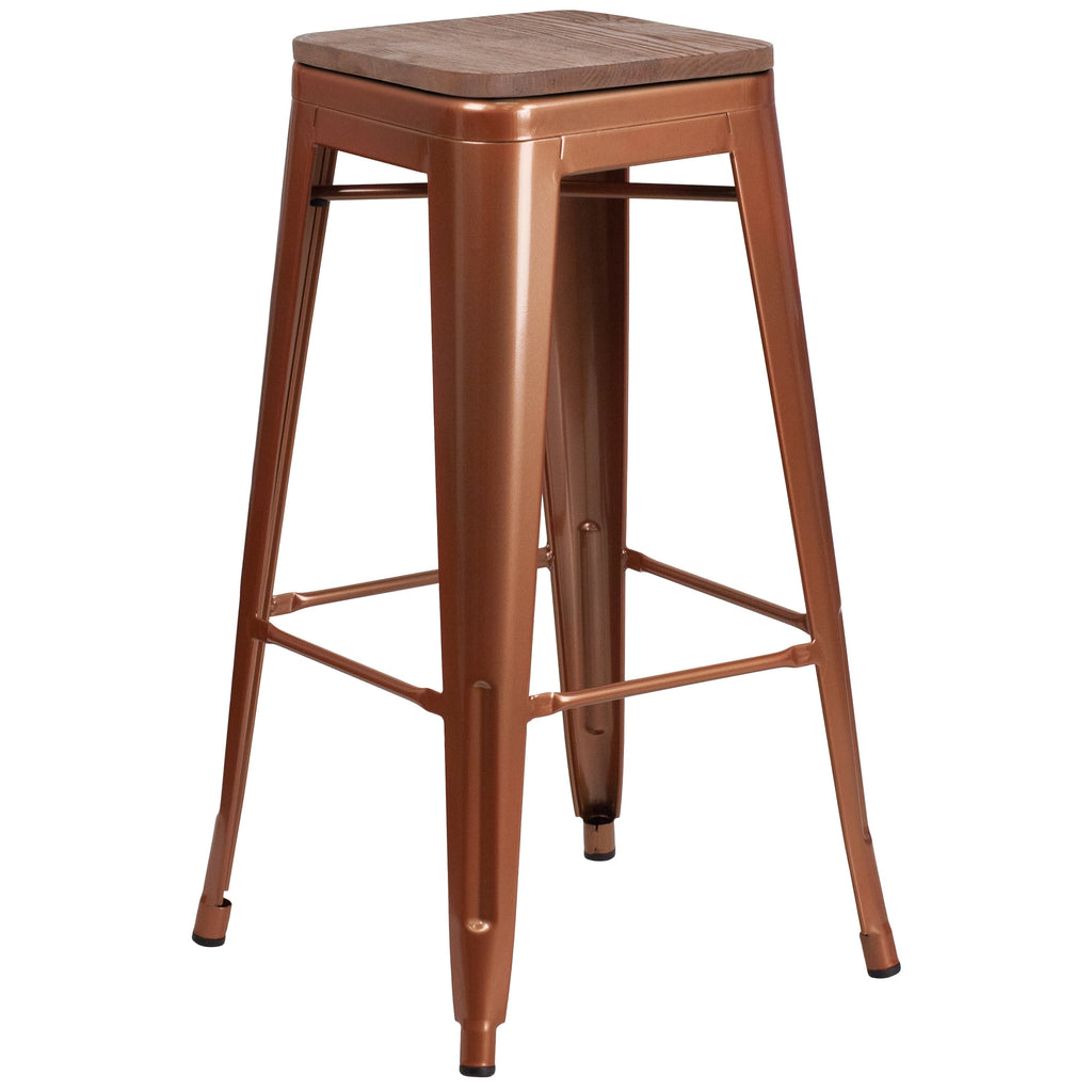 Copper Square Wood Seat Barstool E434560