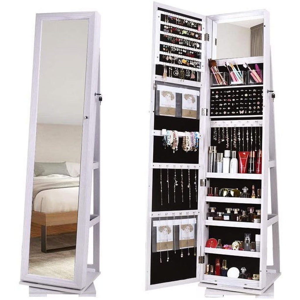 White Rotatable Jewelry Armoire with Full-length Mirror X82562