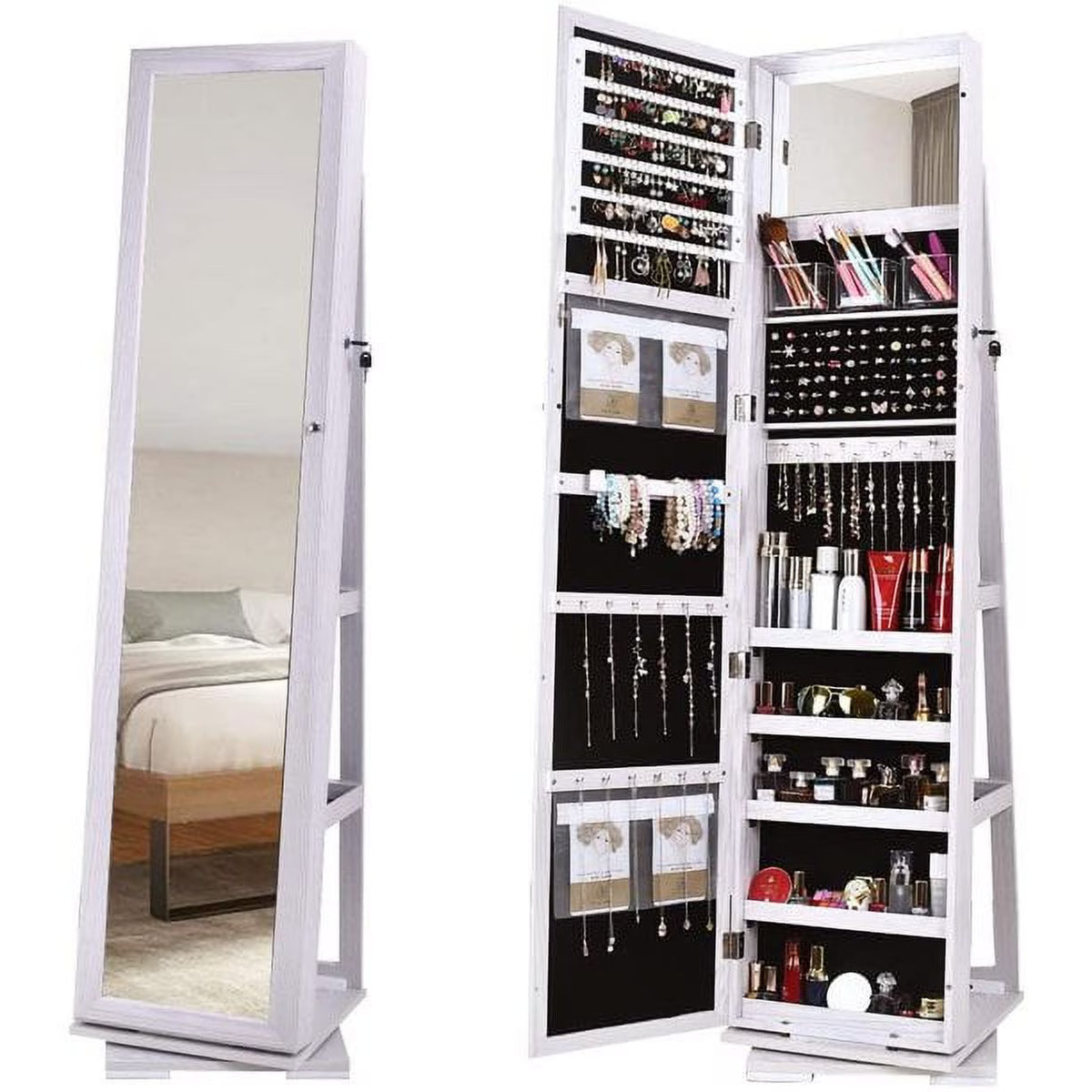 White Rotatable Jewelry Armoire with Full-length Mirror X82562