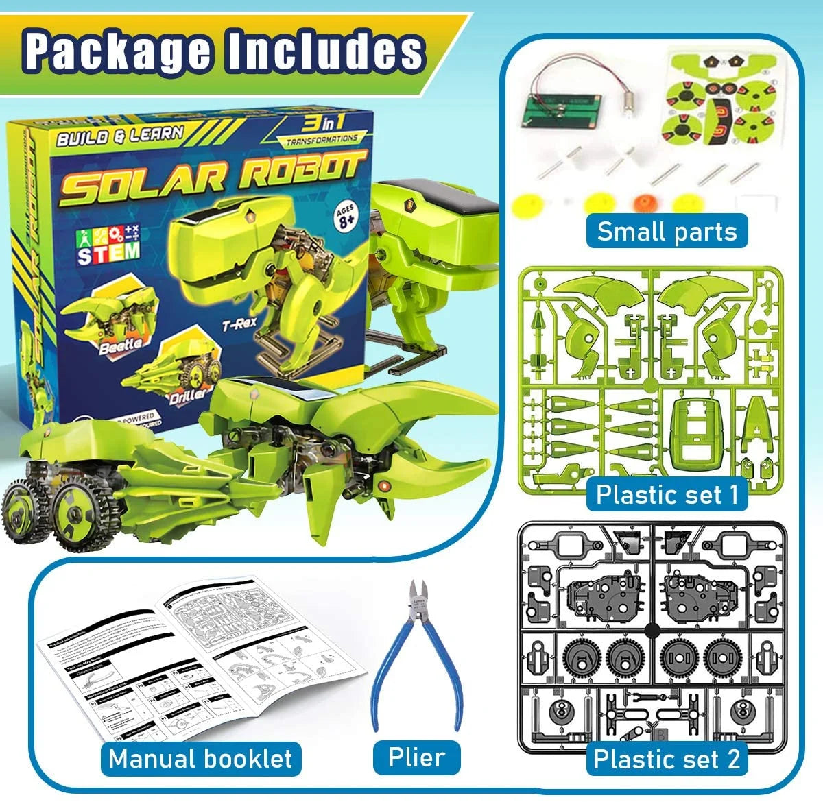 STEM Robot Building Toy Science Kit 3 in 1 Solar Dinosaur Desk Robot A222477