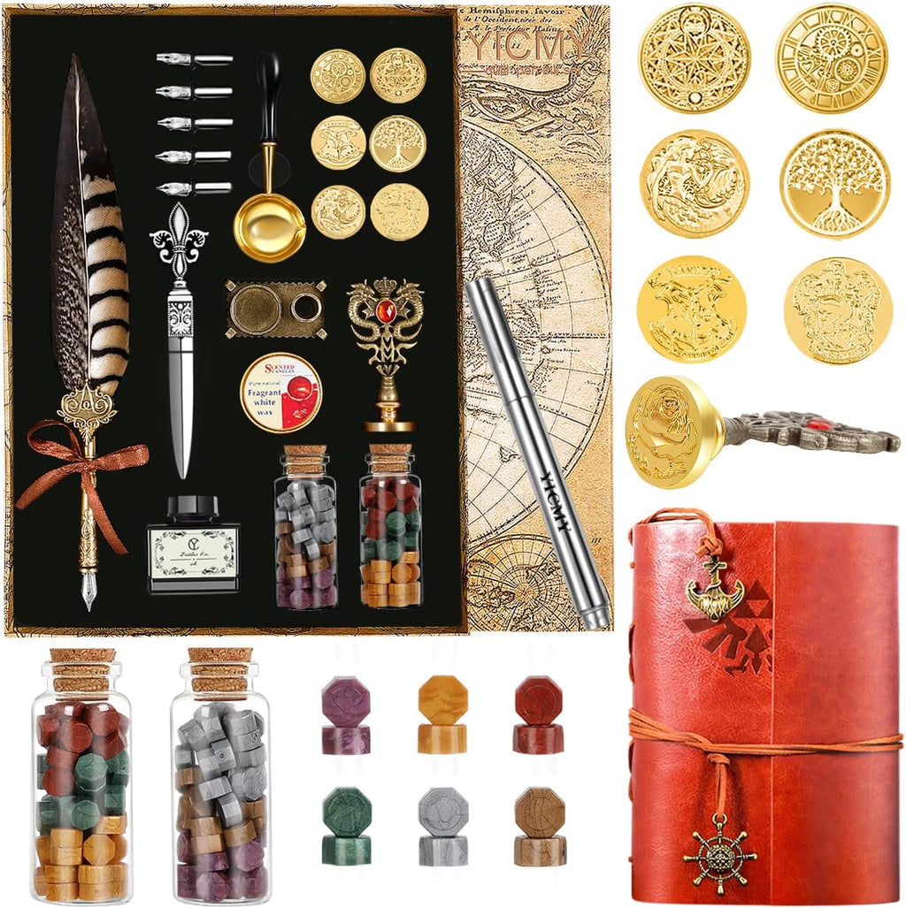 Pheasant Quill Pen and Ink Set Wax Seal Stamp Kit with Leather Journal Notebook Feather Dip Pen, Calligraphy Pen Set, 7 Wax Stamp Heads, Pack of 2 V7105