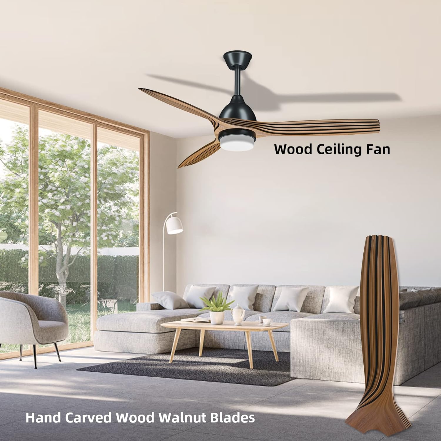 52'' Ceiling Fan with Lights Remote Control Brushed Wood Walnut Blades 3 Level Timer 6 Speed Reversible Motor P7033