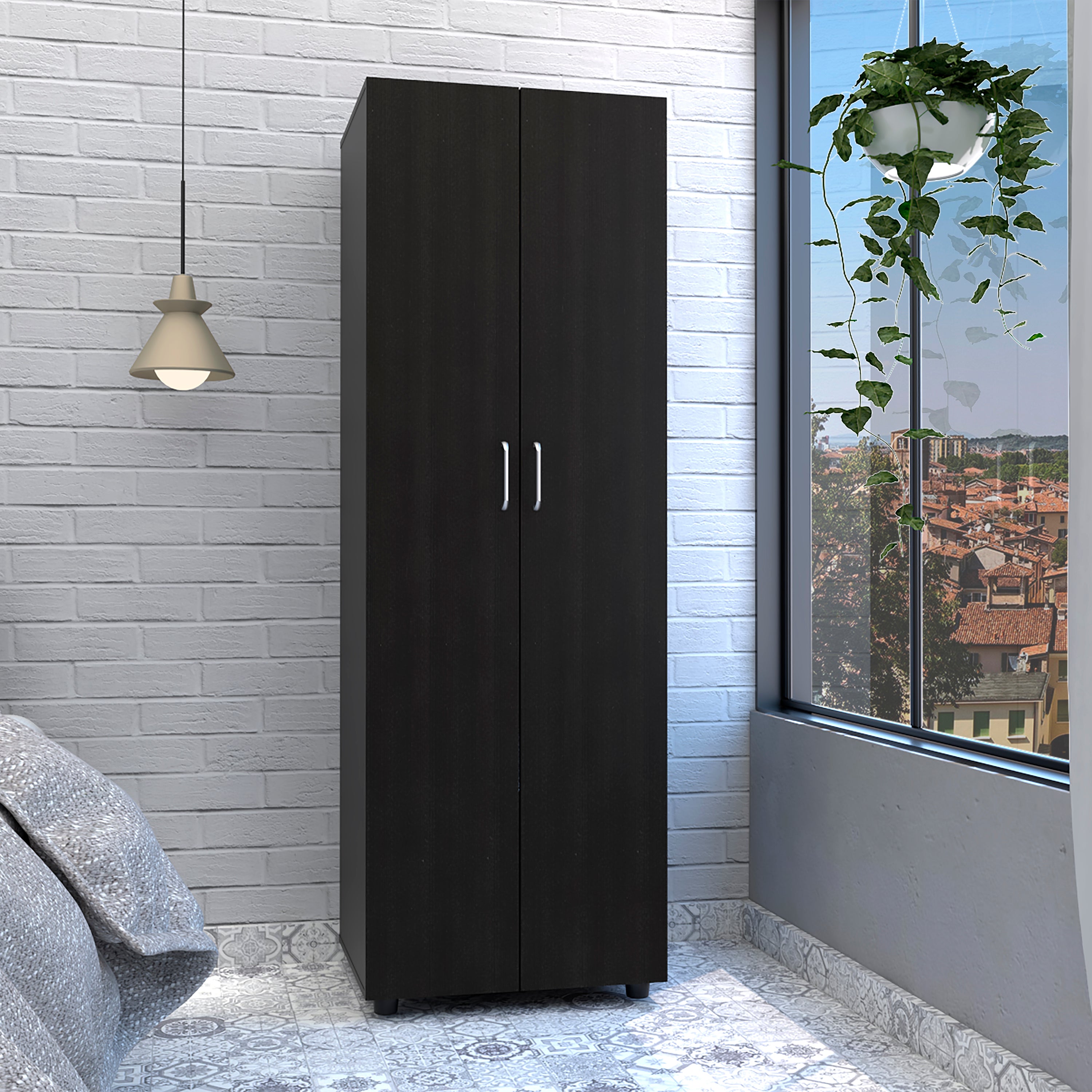 Black Two-Door Armoire with Two Internal Shelves and Rod F7533