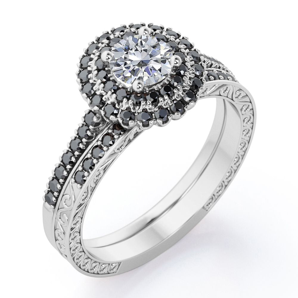 18K White Gold Plated Silver Double Halo Wedding Ring Set Z243