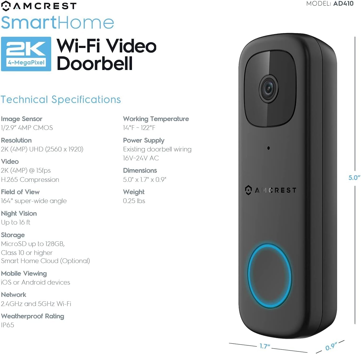4MP Video Doorbell Camera with 2-Way Audio and Micro SD Card B4185