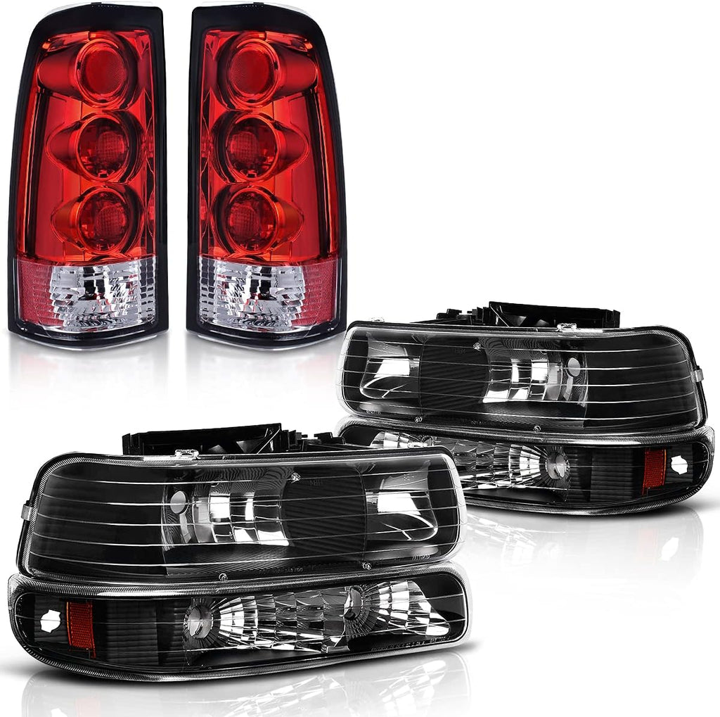 Black Housing Replacement Headlights + Red Lens Taillights Combo P19172