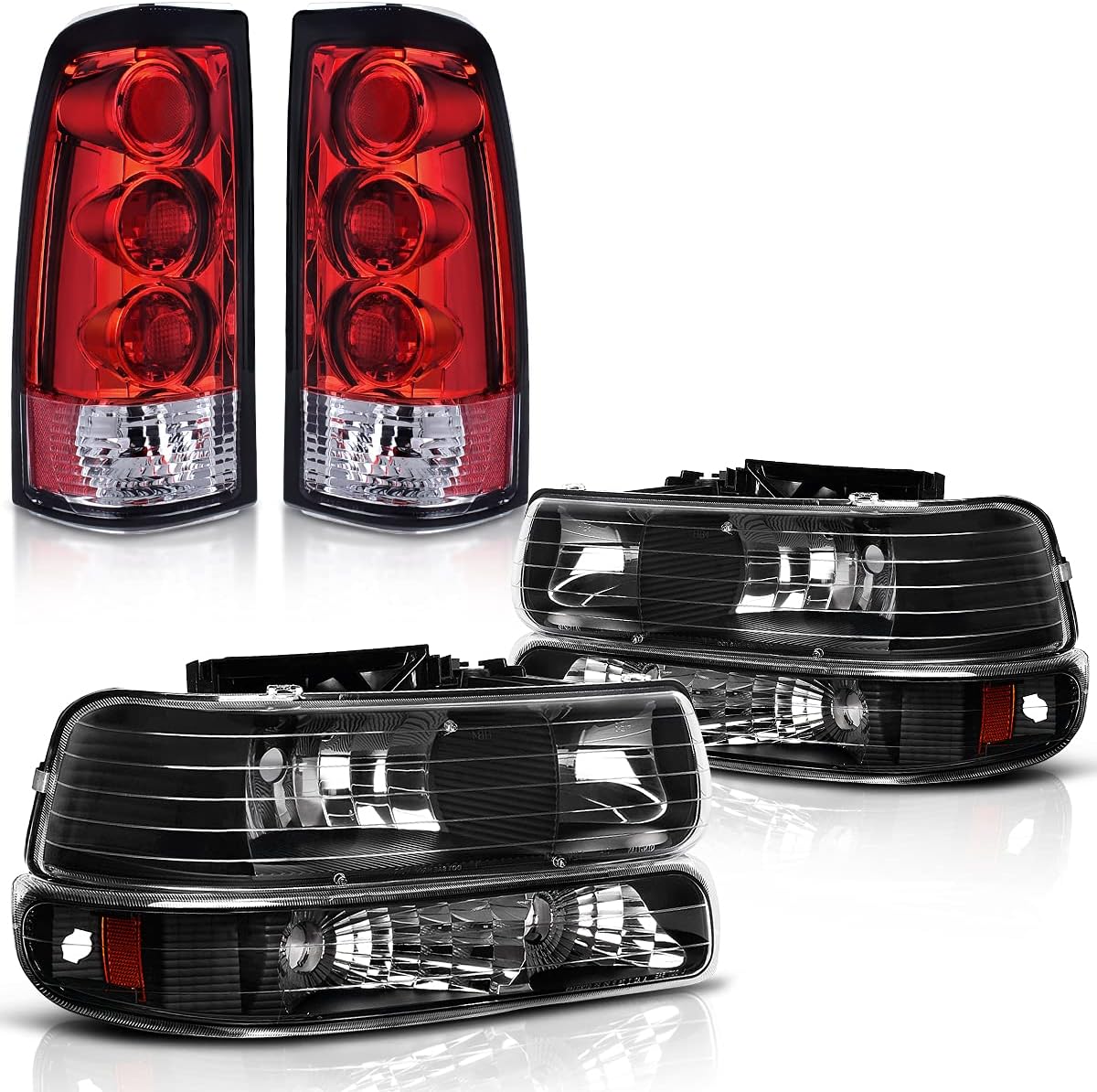 Black Housing Replacement Headlights + Red Lens Taillights Combo P19172