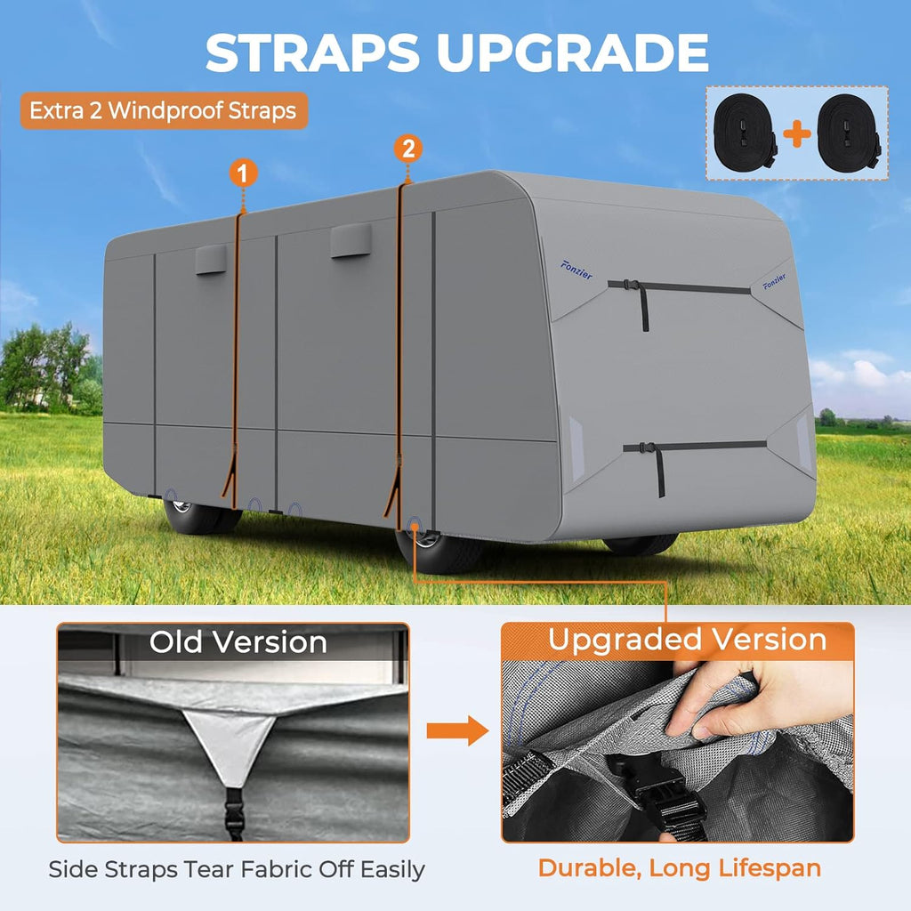 RV Cover for 34’-38’ Motorhome with 2Pcs Extra Straps & Gutter Spout Covers F542