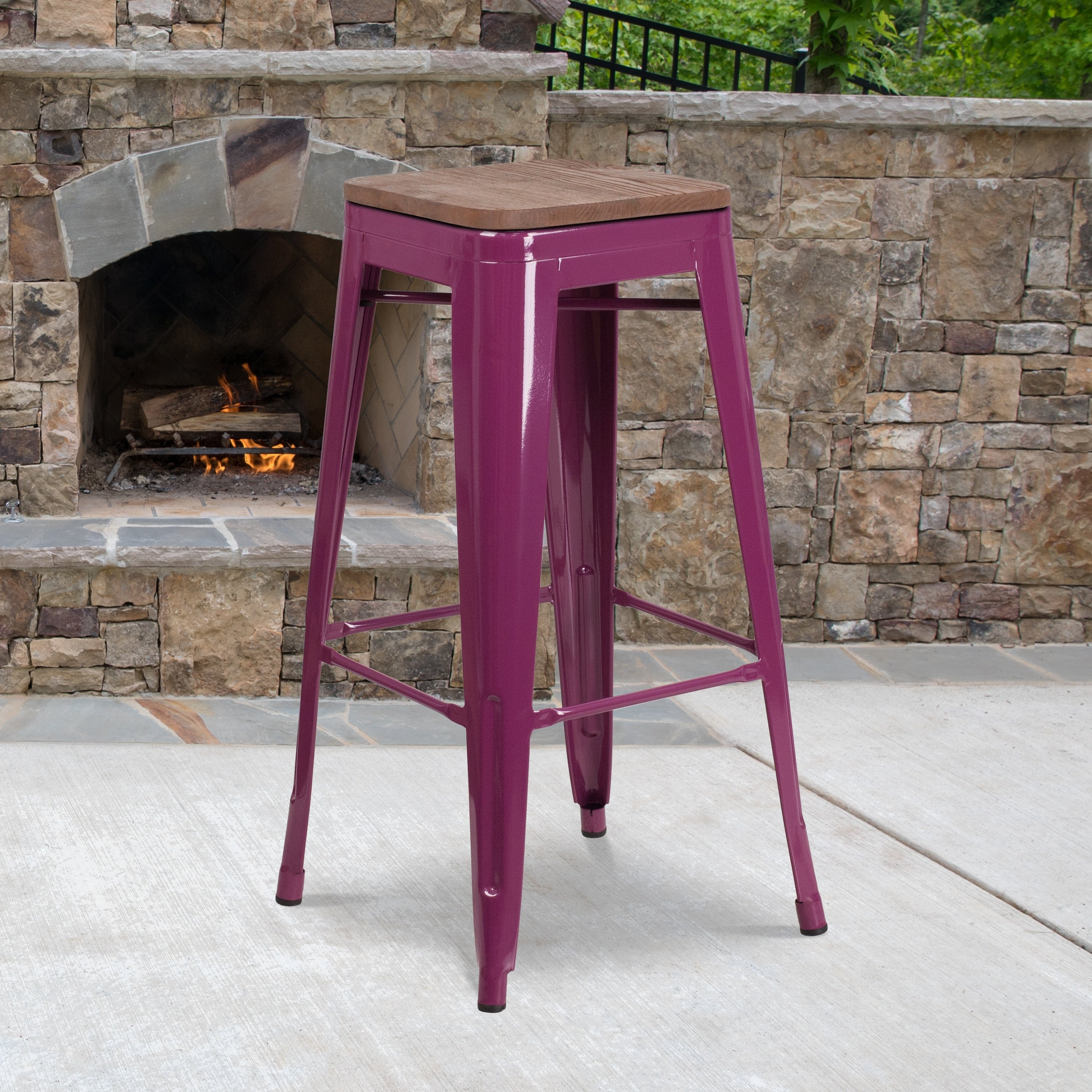 Copper Square Wood Seat Barstool E434560