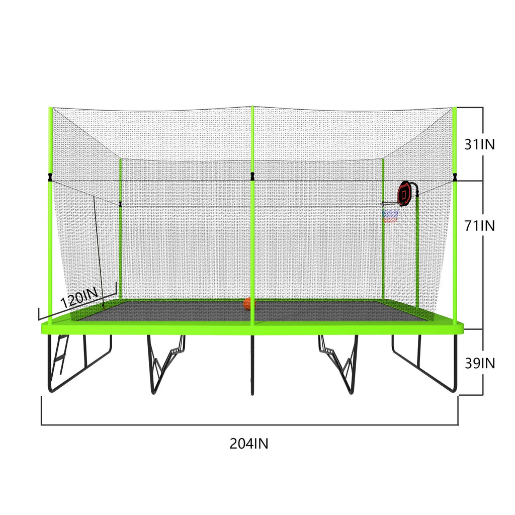 10ft by 17ft Rectangular Trampoline with Green Fabric Black Galvanized Steel Tubes with Basketball Hoop System Ladder K47829