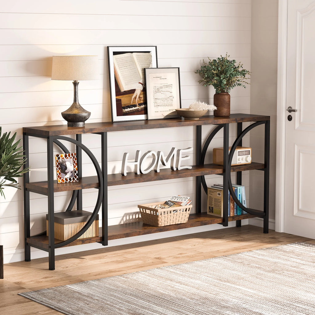 Rustic Brown 3 Tier Narrow Console Table with Storage Shelves V5765