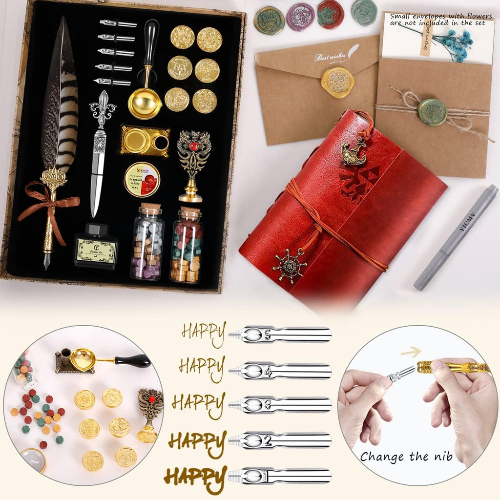 Pheasant Quill Pen and Ink Set Wax Seal Stamp Kit with Leather Journal Notebook Feather Dip Pen, Calligraphy Pen Set, 7 Wax Stamp Heads, Pack of 2 V7105