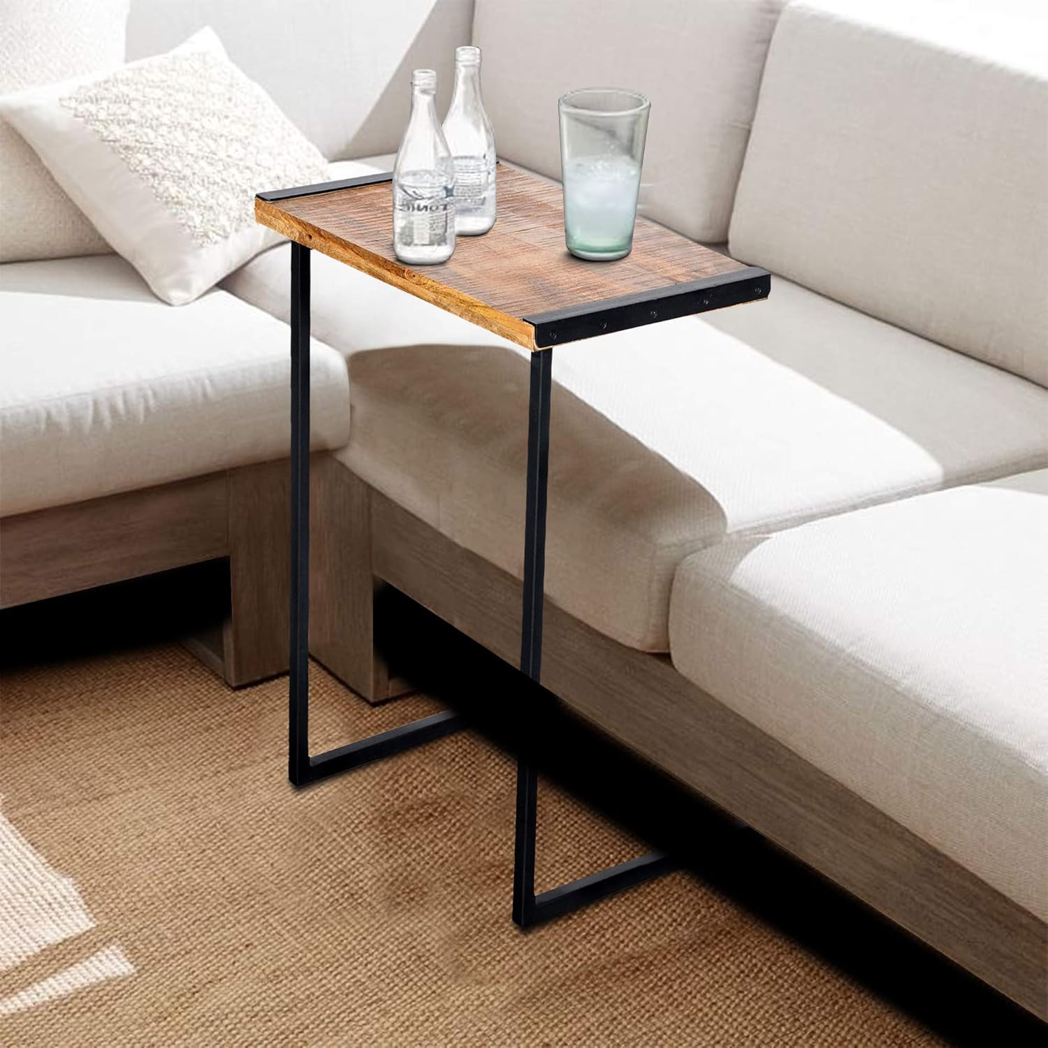 Brown Mango Wood Sofa Side End Table with Metal Base I73957