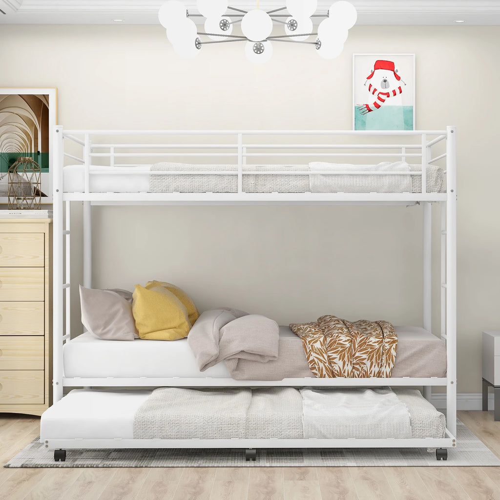 White Metal Twin over Twin Bunk Bed with Trundle R2572