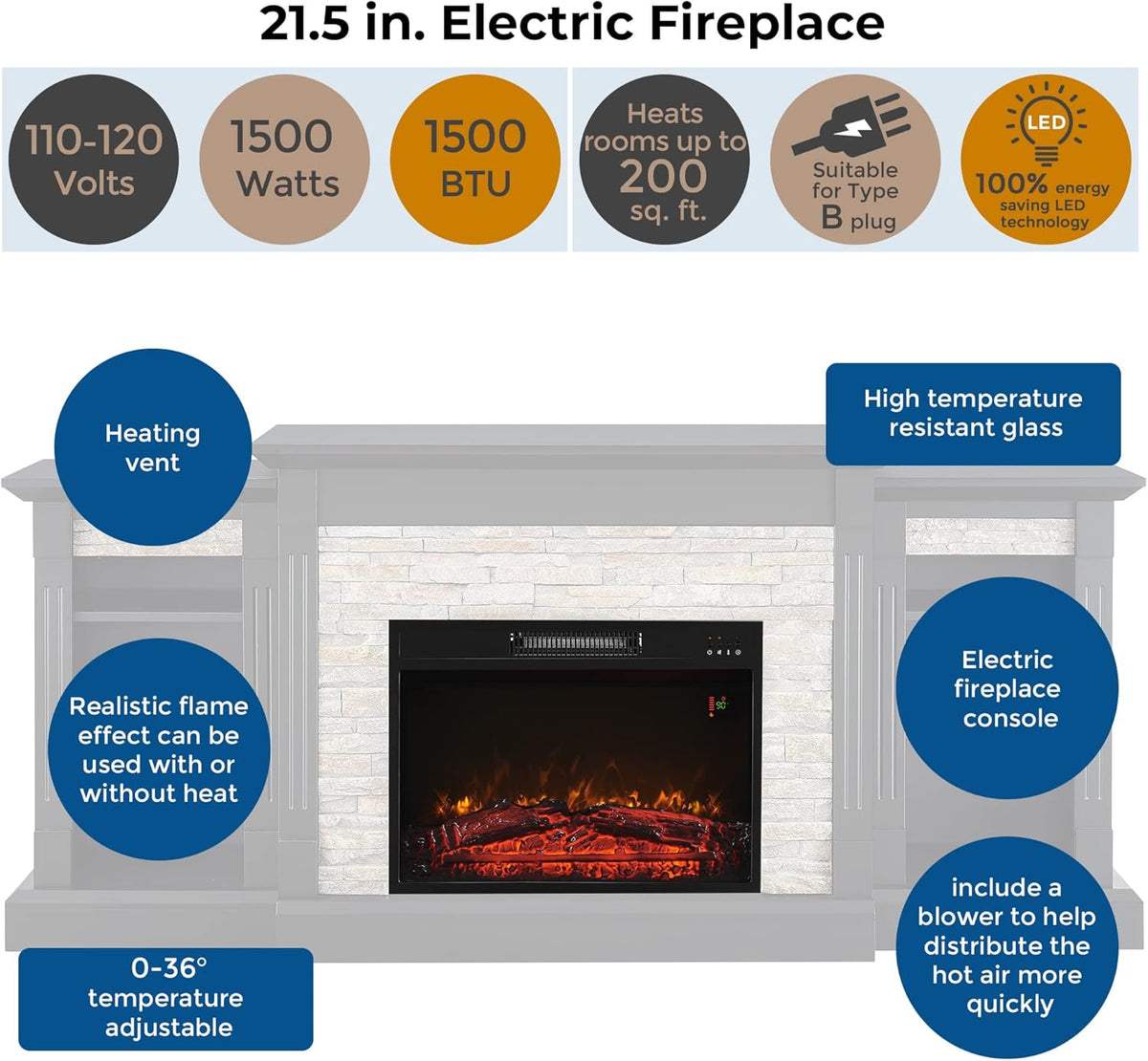 Electric Fireplace Mantel Freestanding Media Stand with 3 Cabinet Bookcase Shelf and Remote Control R91210