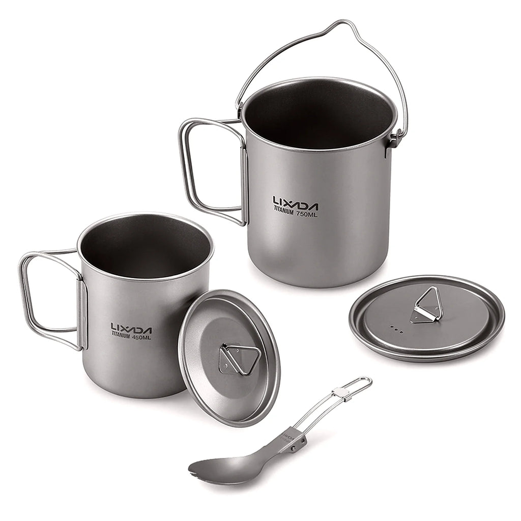 Titanium 3 Pieces Set 750ml Pot 450ml Cup with Lid Folding Spork S9763