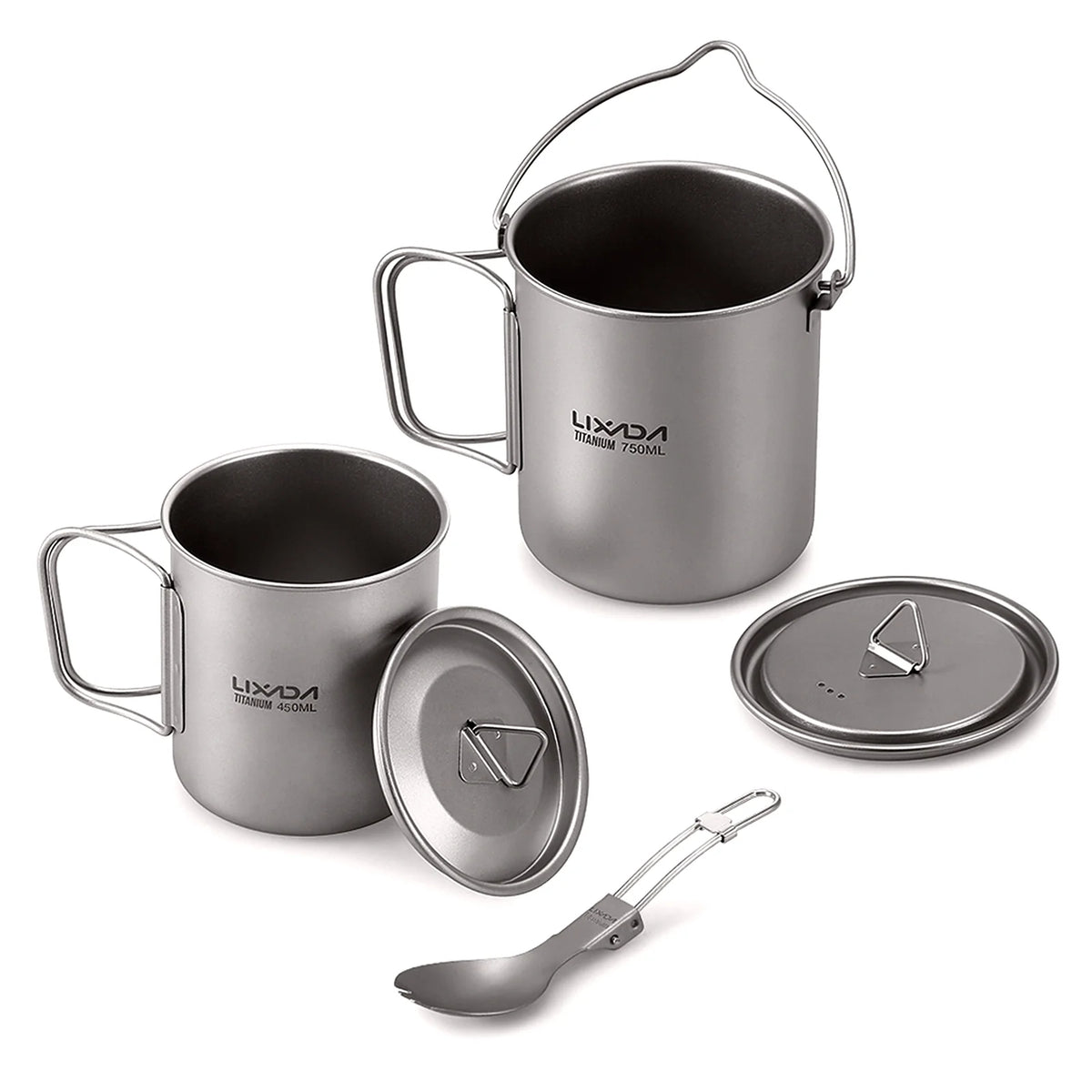 Titanium 3 Pieces Set 750ml Pot 450ml Cup with Lid Folding Spork S9763
