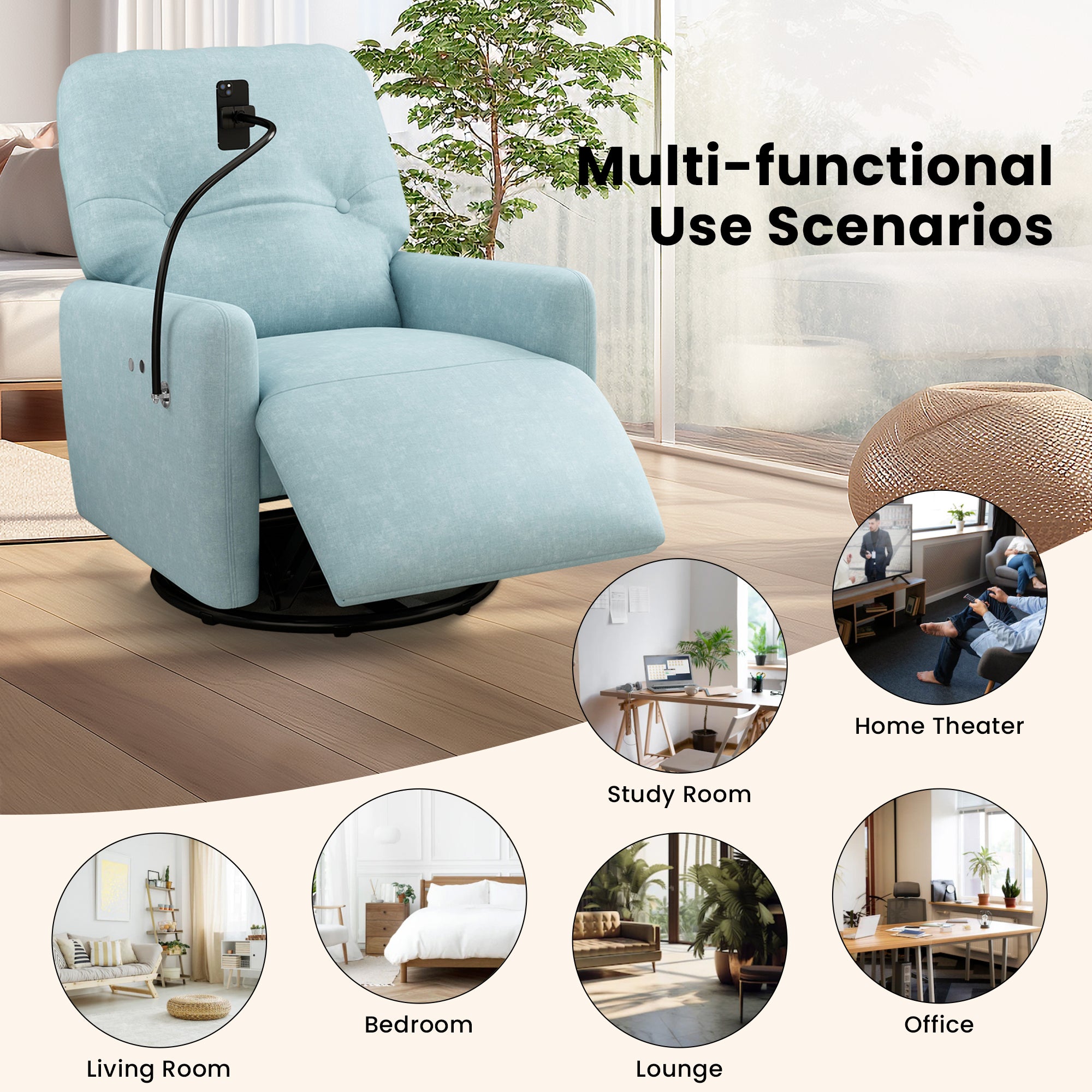 Blue 270 Degree Swivel Electric Recliner Chair with Phone Holder S5746