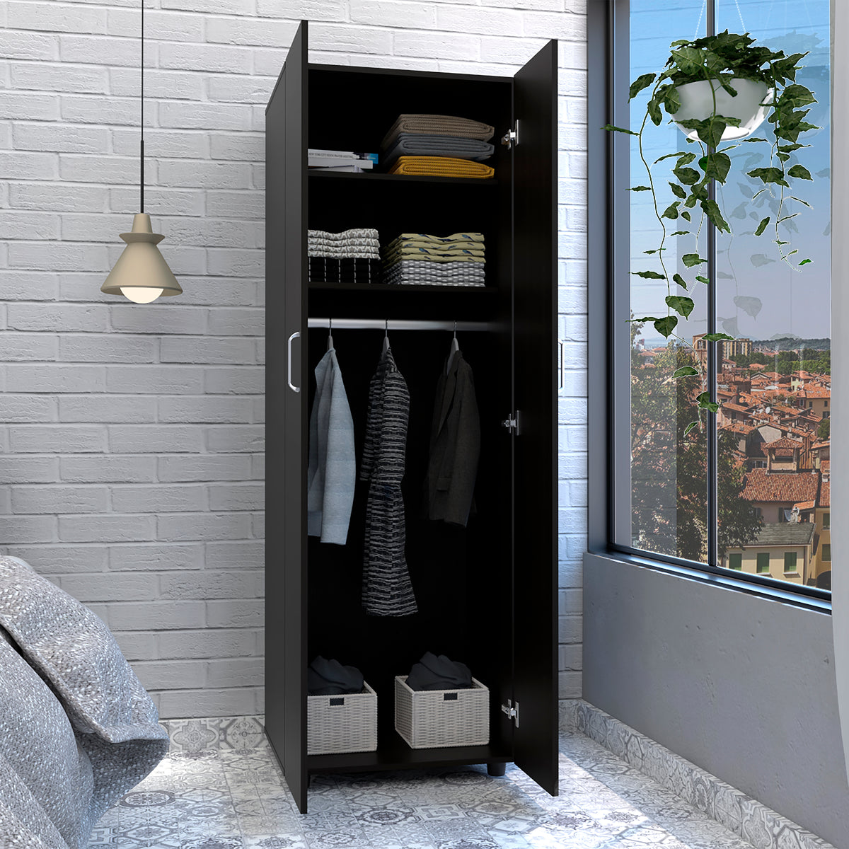 Black Two-Door Armoire with Two Internal Shelves and Rod F7533