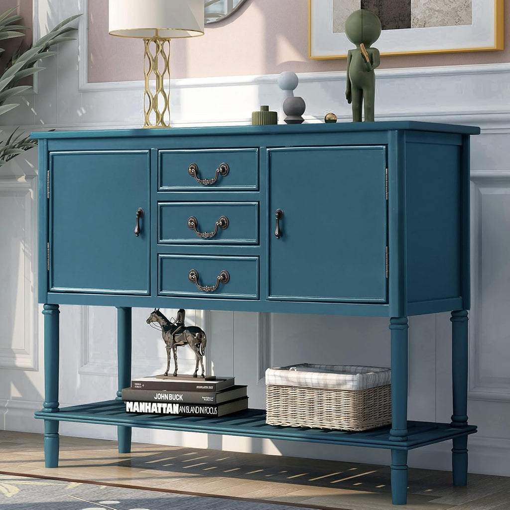 Light Green Wood Console Sofa Table with Drawers and Open Shelf J863