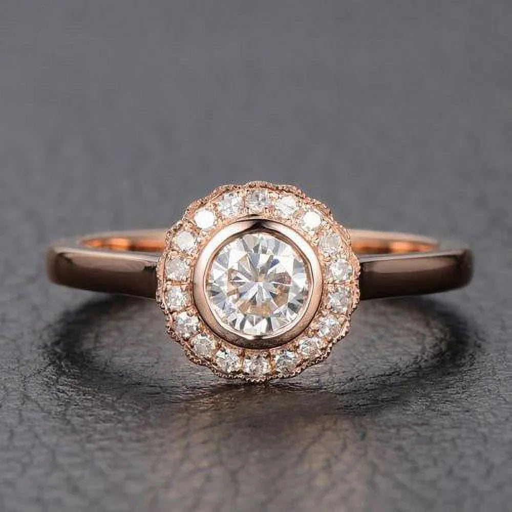 Half Carat Antique Design Halo Round Diamond Engagement Ring in 10k Rose Gold G348950