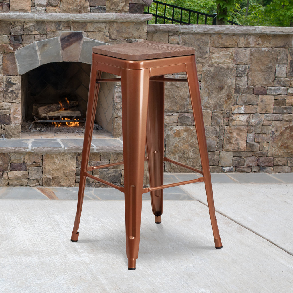 Copper Square Wood Seat Barstool E434560