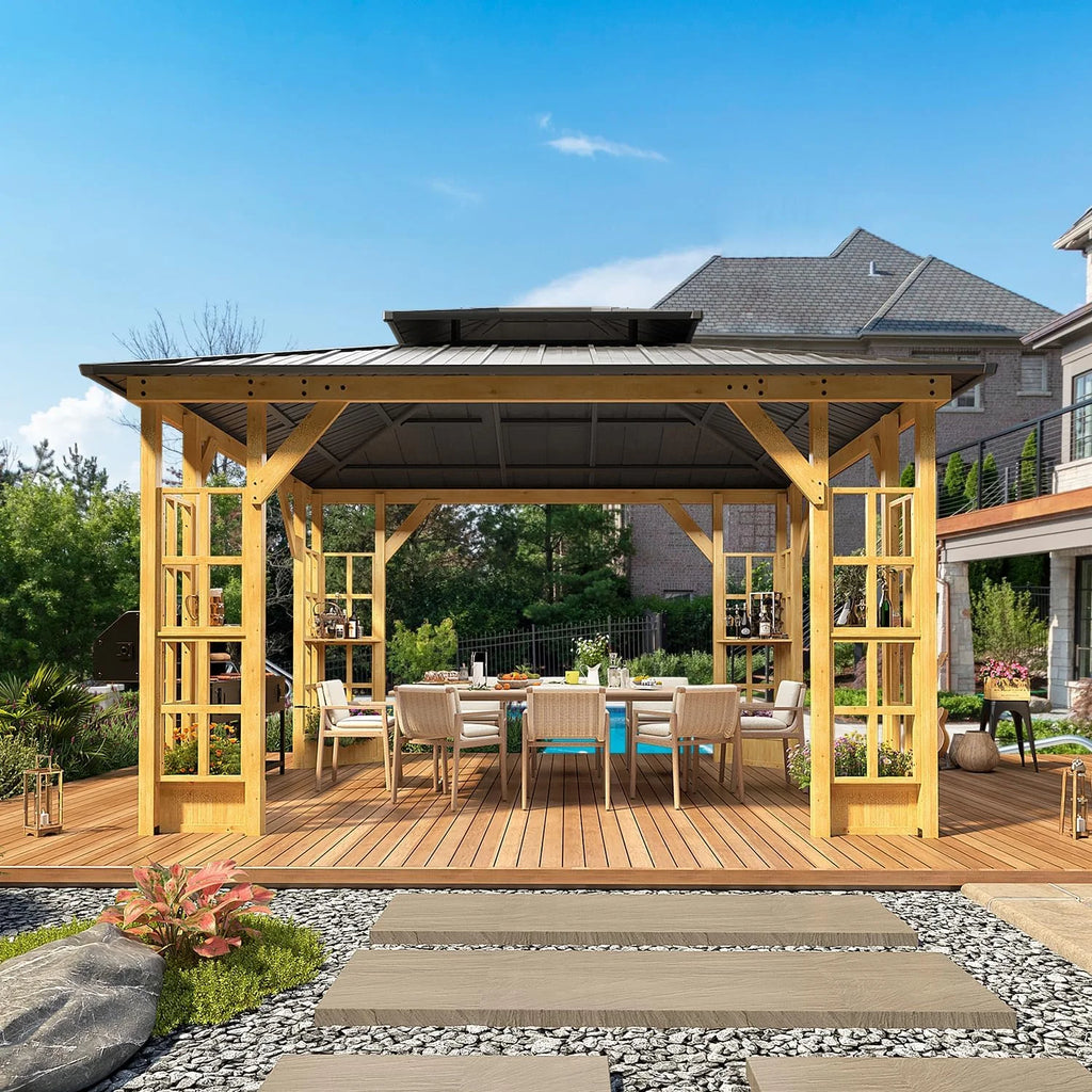 Wood Gazebo with Solid Wooden Frame and Double Roof Canopy T92991