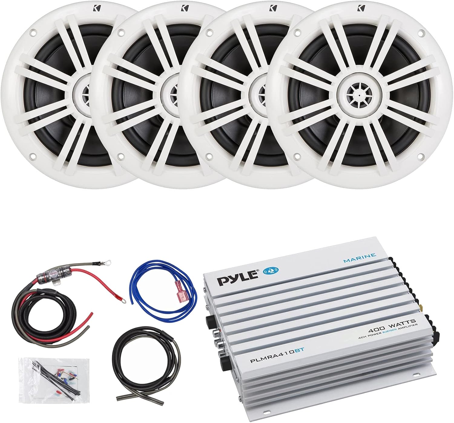 6.5 Marine Coaxial White Speakers with 4-Channel Marine Bluetooth Amplifier and 8 Gauge Wiring Kit W455