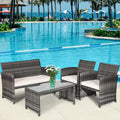 White Rattan Patio Furniture Set with Glass Table Top Cushioned Sofa E41089