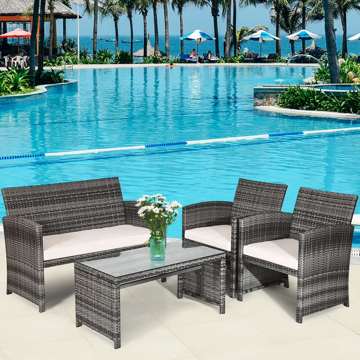 White Rattan Patio Furniture Set with Glass Table Top Cushioned Sofa E41089