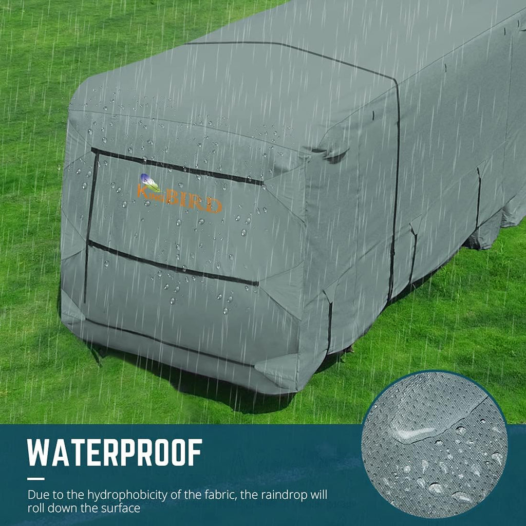 Extra-Thick 4 Layers Travel Trailer RV Cover, Fits 30'-33' Motorhome with 2Pcs Extra Straps & 4 Tire Covers E943516