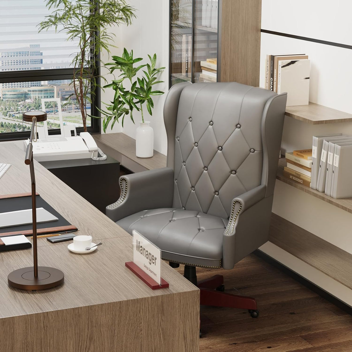 Gray High Back PU Leather Office Chair with Caster Wheels K425981