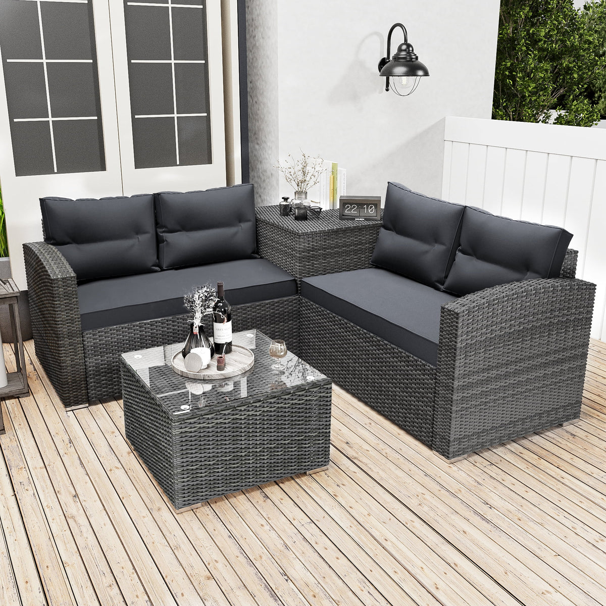 4 Pieces PE Rattan Sectional Sofa Set with Glass Table N90358
