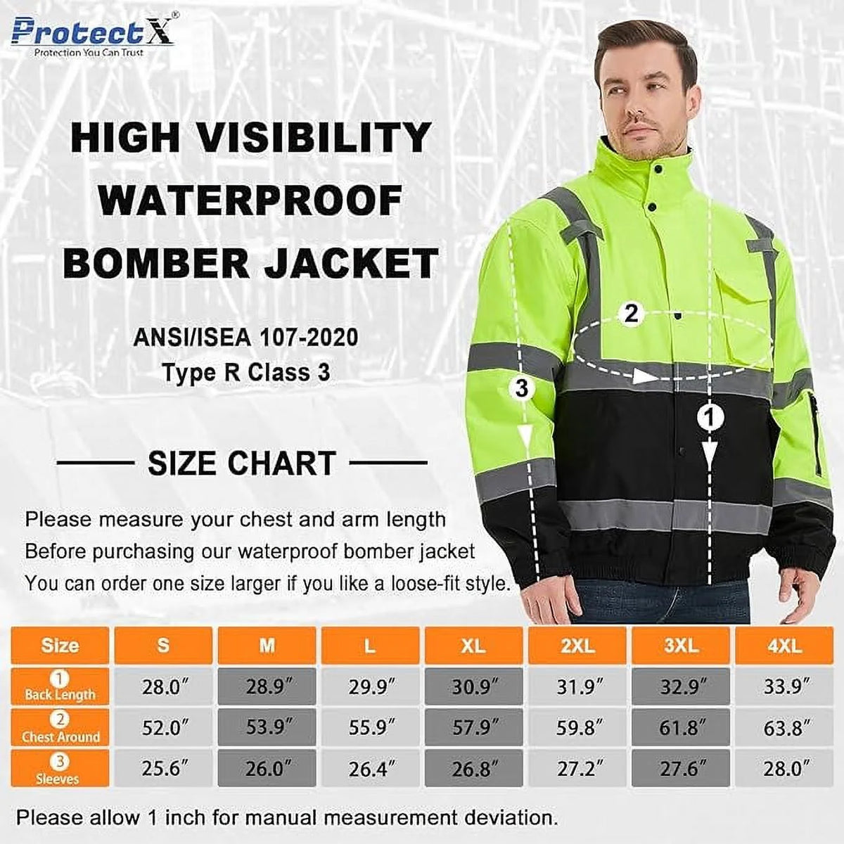 High Visibility Waterproof Bomber Jacket, Class 3, Green, Small X9926