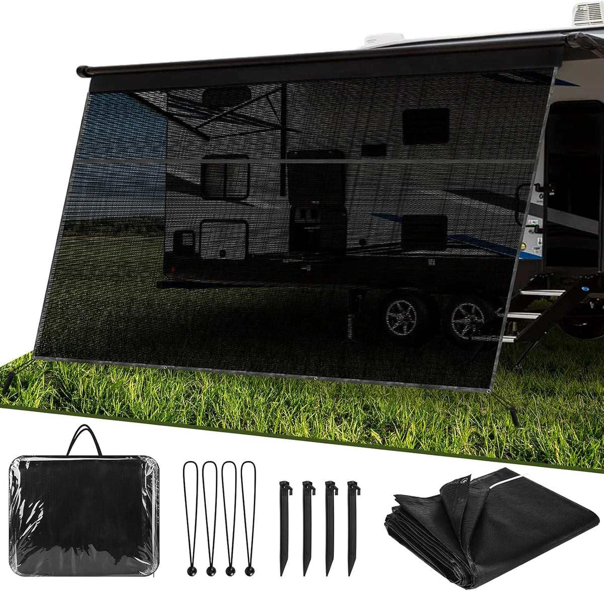 RV Awning Sun Shade Screen with Zipper, 9'X15' Black Mesh Camper Sunshade Y887