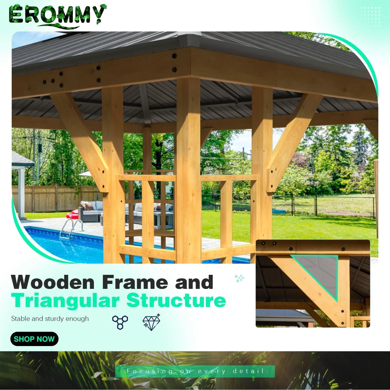 Wood Gazebo with Solid Wooden Frame and Double Roof Canopy T92991